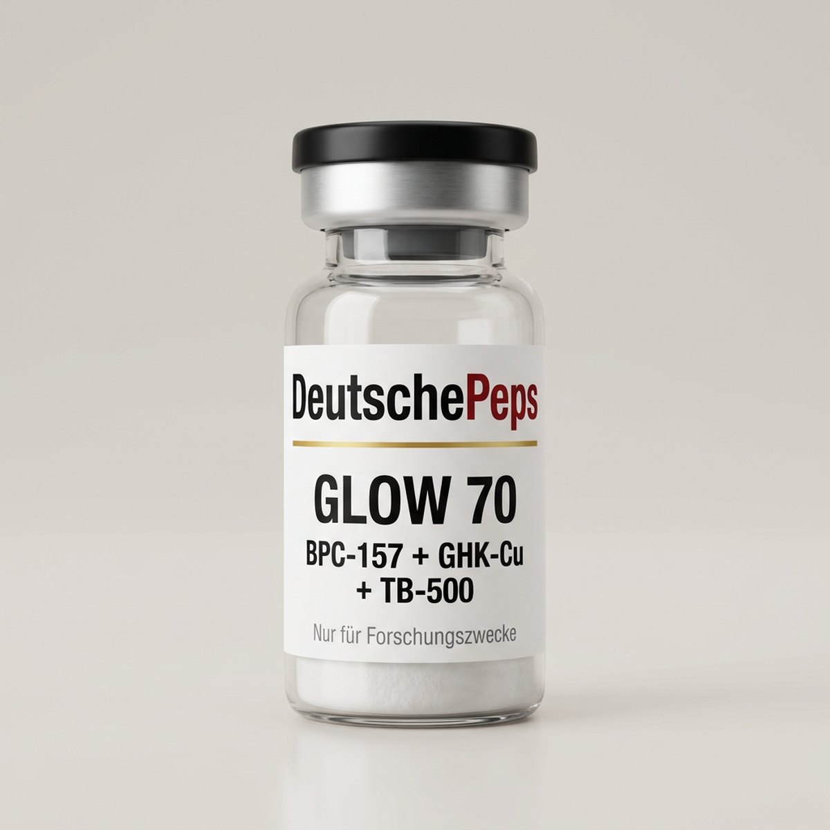 GLOW 70 (BPC-157 + GHK-Cu + TB-500) — Vial mit lyophilisiertem Forschungspeptid (Symbolbild)