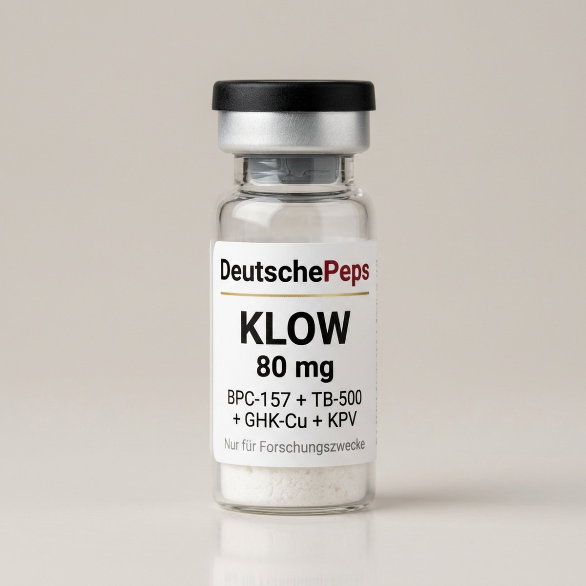 KLOW 80 mg (BPC-157 + TB-500 + GHK-Cu + KPV) — Vial mit lyophilisiertem Forschungspeptid (Symbolbild)