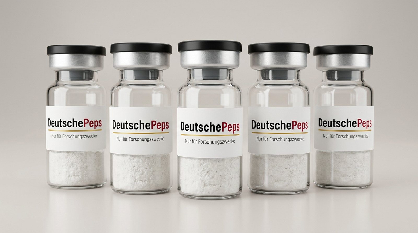 Fünf DeutschePeps-Vials mit weißem Etikett und schwarzer Kappe auf hellem Grund (KI-generiertes Symbolbild)